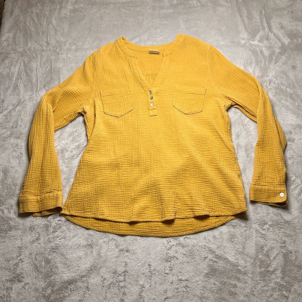 Mote V-Neck Tunic Top Size XXL Mustard Henley Pockets Bohemian Gauze Casual